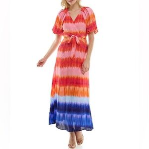 Maison Tara Red Short Puff Sleeve V-Neck Tie Waist Tie Dye Printed Maxi Dress